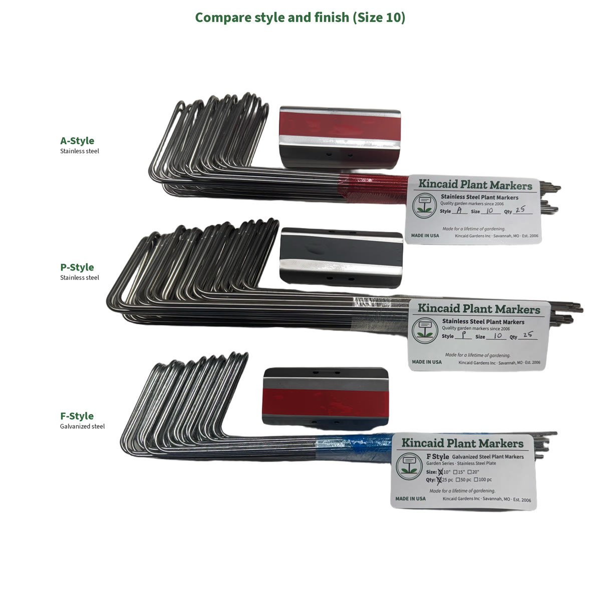 A-Style, P-Style and F-Style plant markers compared, stainless and galvanized steel (Size 10)