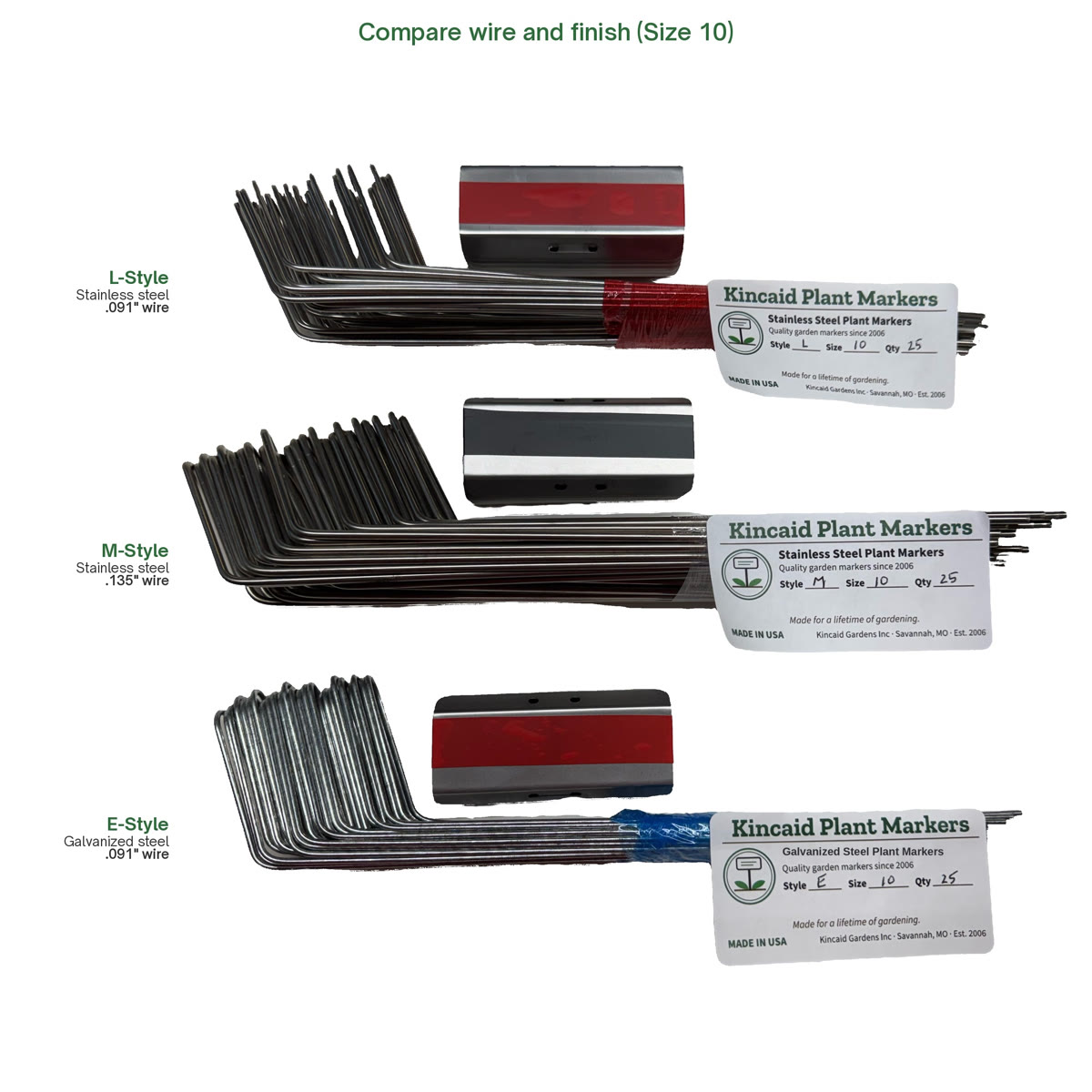 E-Style, M-Style and L-Style plant marker wire compared side by side (Size 10)