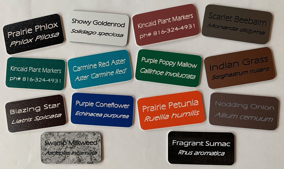 Custom engraved plant labels in assorted colors with common and botanical plant names
